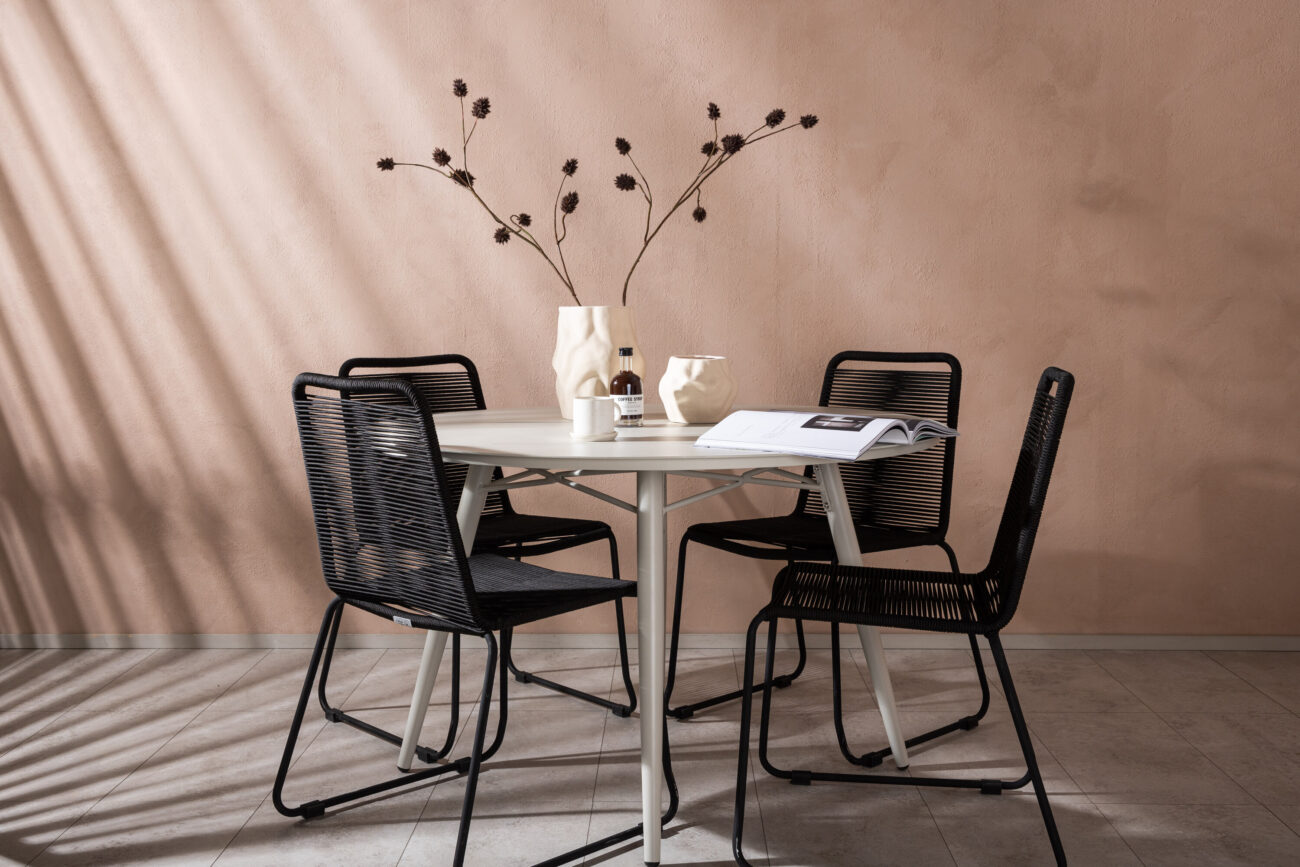 Lina, Lindos – Ensemble repas – Table : ⌀120 Chaise : 59 x 86 x 57 cm