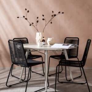 Lina, Lindos – Ensemble repas – Table : ⌀120 Chaise : 59 x 86 x 57 cm