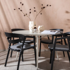 Lina, Slit – Ensemble repas – Beige – Table : ⌀120 Chaise : 62 x 76 x 59 cm