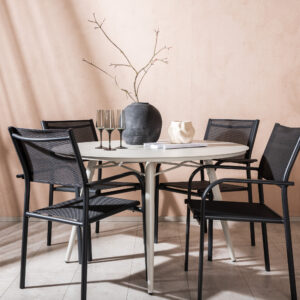 Lina, Santorini – Ensemble repas – Table : ⌀120 Chaise : 58 x 88 x 56 cm