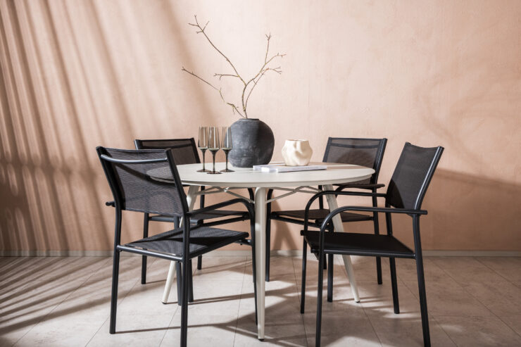 Lina, Santorini – Ensemble repas – Table : ⌀120 Chaise : 58 x 88 x 56 cm