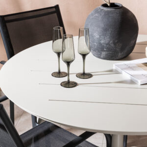 Lina, Santorini – Ensemble repas – Table : ⌀120 Chaise : 58 x 88 x 56 cm