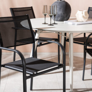 Lina, Santorini – Ensemble repas – Table : ⌀120 Chaise : 58 x 88 x 56 cm