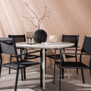 Lina, Copacabana – Ensemble repas – Table : ⌀120 Chaise : 60,5 x 88 x 56,5 cm