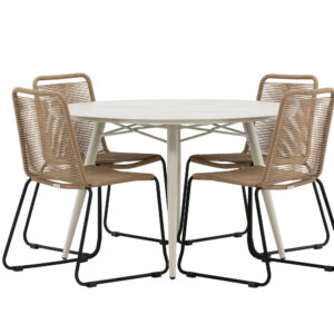 Lina, Lindos – Ensemble repas – Beige – Table : ⌀120 Chaise : 59 x 86 x 57 cm