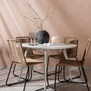 Lina, Lindos – Ensemble repas – Beige – Table : ⌀120 Chaise : 59 x 86 x 57 cm
