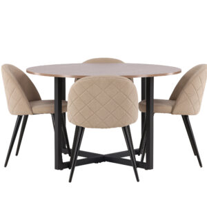 Durango, Velvet – Ensemble repas rond – Noyer – Table : ⌀120 Chaise : 57 x 76,5 x 50 cm