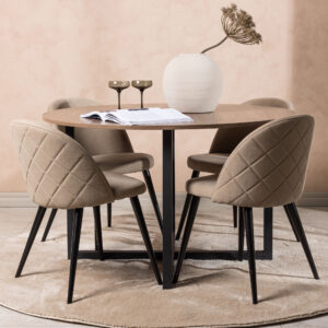 Durango, Velvet – Ensemble repas rond – Noyer – Table : ⌀120 Chaise : 57 x 76,5 x 50 cm