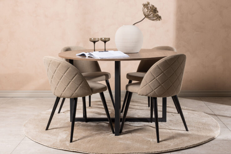 Durango, Velvet – Ensemble repas rond – Noyer – Table : ⌀120 Chaise : 57 x 76,5 x 50 cm