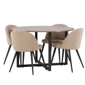 Durango, Velvet – Ensemble repas rond – Noyer – Table : ⌀120 Chaise : 57 x 76,5 x 50 cm