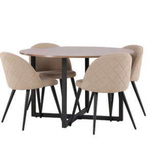 Durango, Velvet – Ensemble repas rond – Noyer – Table : ⌀120 Chaise : 57 x 76,5 x 50 cm
