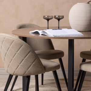 Durango, Velvet – Ensemble repas rond – Noyer – Table : ⌀120 Chaise : 57 x 76,5 x 50 cm