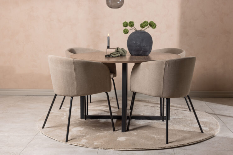 Durango, Berit – Ensemble repas rond – Noyer – Table : ⌀120 Chaise : 55 x 78 x 55 cm