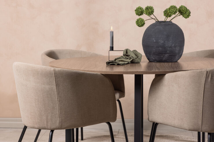 Durango, Berit – Ensemble repas rond – Noyer – Table : ⌀120 Chaise : 55 x 78 x 55 cm