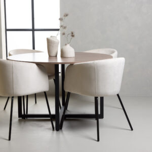 Durango, Berit – Ensemble repas rond – Noyer – Table : ⌀120 Chaise : 55 x 78 x 55 cm