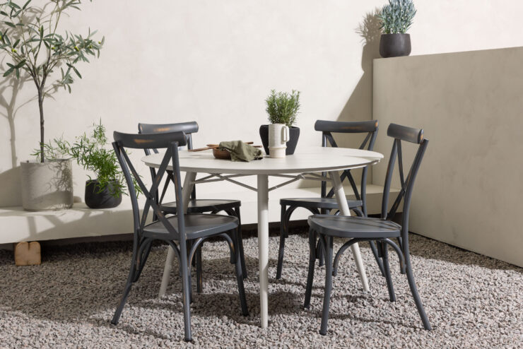 Lina, Tablas – Ensemble repas – Table : ⌀120 Chaise : 48 x 88 x 48 cm