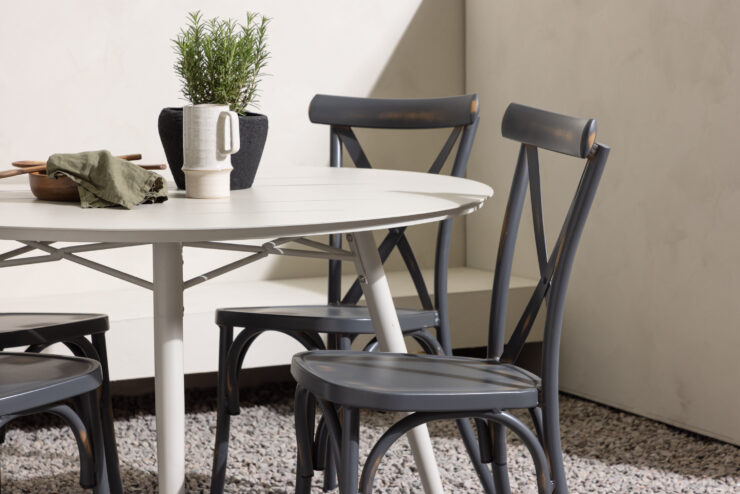 Lina, Tablas – Ensemble repas – Table : ⌀120 Chaise : 48 x 88 x 48 cm
