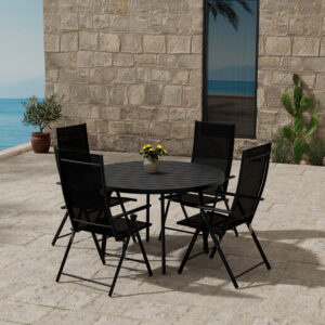 Giardini, Levanzo – Ensemble repas – Noir – Table : ⌀120cm, Chaise : 59 x 108 x 56 cm