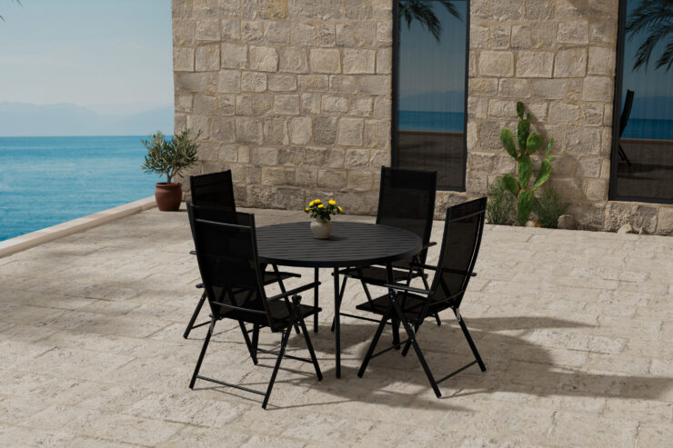 Giardini, Levanzo – Ensemble repas – Noir – Table : ⌀120cm, Chaise : 59 x 108 x 56 cm