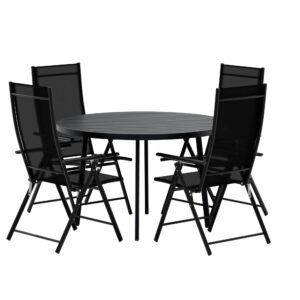 Giardini, Levanzo – Ensemble repas – Noir – Table : ⌀120cm, Chaise : 59 x 108 x 56 cm