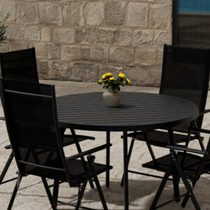 Giardini, Levanzo – Ensemble repas – Noir – Table : ⌀120cm, Chaise : 59 x 108 x 56 cm