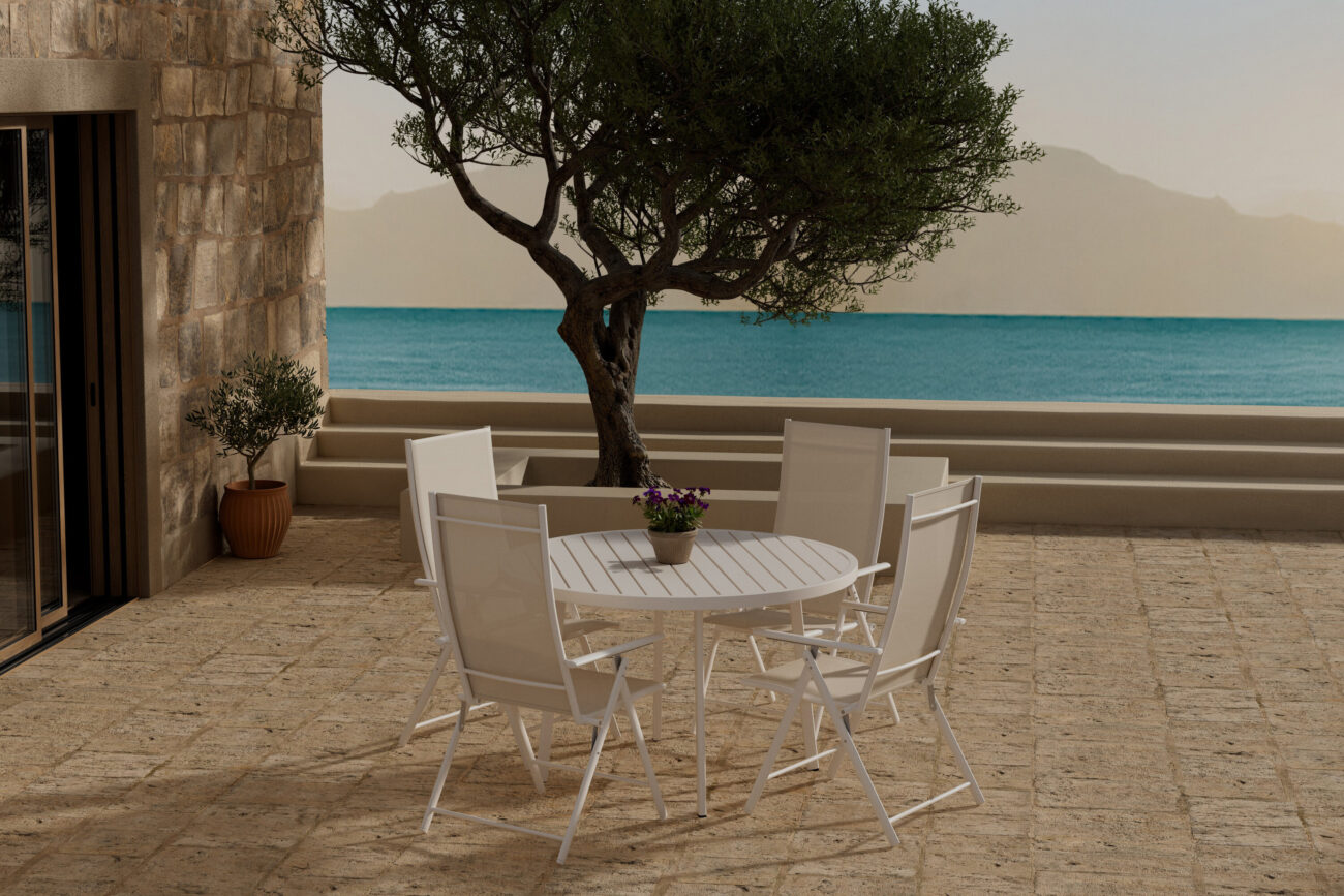 Giardini, Levanzo – Ensemble repas – Beige – Table : ⌀120cm, Chaise : 59 x 108 x 56 cm