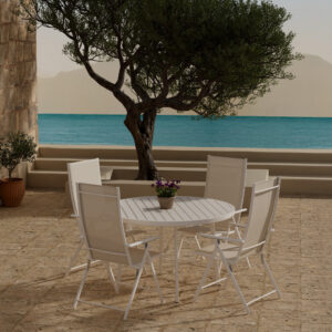 Giardini, Levanzo – Ensemble repas – Beige – Table : ⌀120cm, Chaise : 59 x 108 x 56 cm