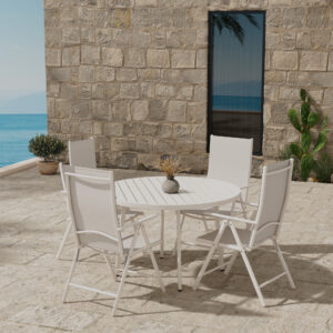 Giardini, Break – Ensemble repas – Beige – Table : ⌀120cm, Chaise : 62 x 108 x 55 cm