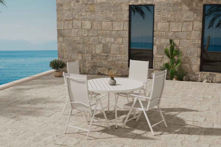 Giardini, Break – Ensemble repas – Beige – Table : ⌀120cm, Chaise : 62 x 108 x 55 cm