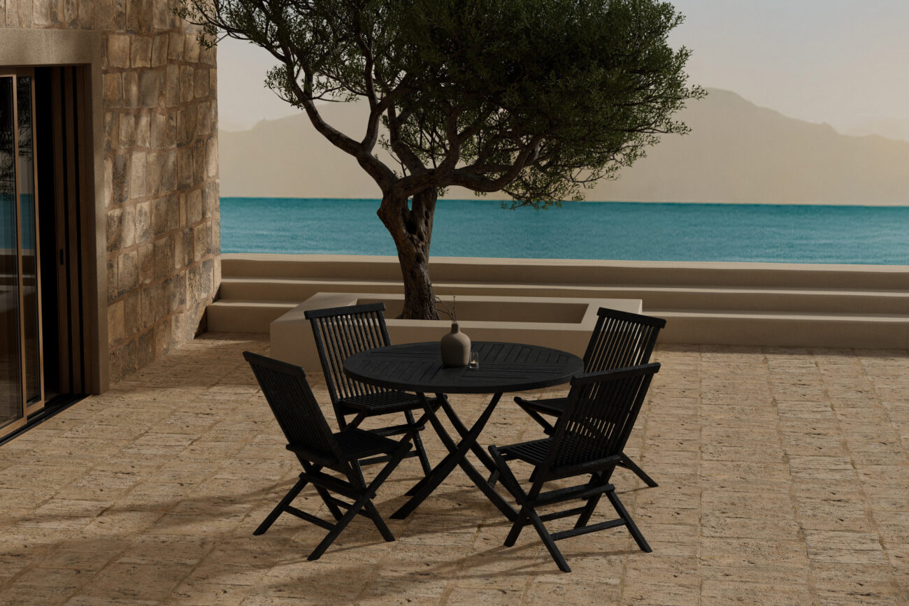 Kenya, Kenya – Ensemble repas – Noir – Table : ⌀120cm, Chaise : 61 x 89 x 47 cm