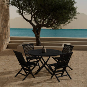 Kenya, Kenya – Ensemble repas – Noir – Table : ⌀120cm, Chaise : 61 x 89 x 47 cm