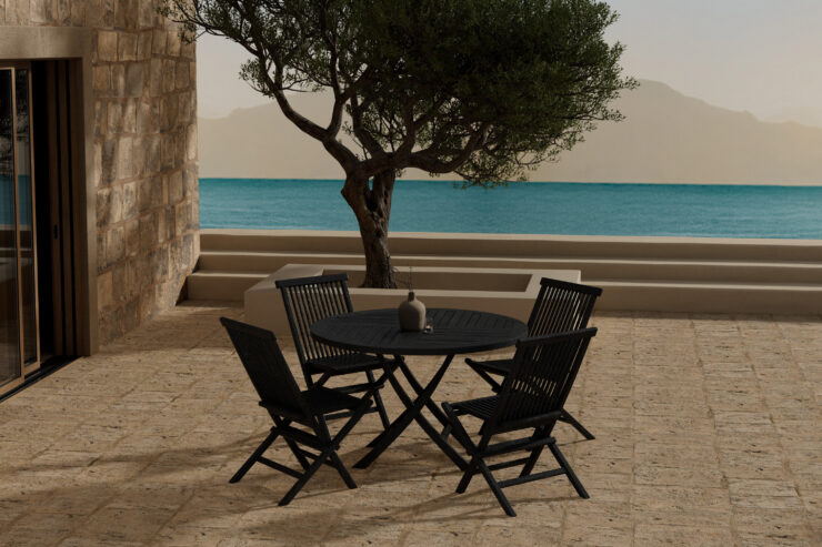 Kenya, Kenya – Ensemble repas – Noir – Table : ⌀120cm, Chaise : 61 x 89 x 47 cm