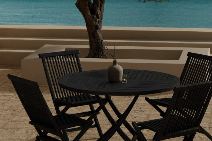 Kenya, Kenya – Ensemble repas – Noir – Table : ⌀120cm, Chaise : 61 x 89 x 47 cm