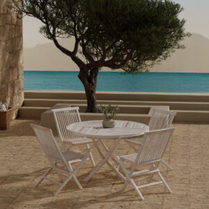 Kenya, Kenya – Ensemble repas – Blanchi – Table : ⌀120cm, Chaise : 62 x 89 x 50 cm