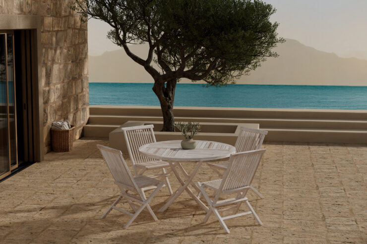 Kenya, Kenya – Ensemble repas – Blanchi – Table : ⌀120cm, Chaise : 62 x 89 x 50 cm