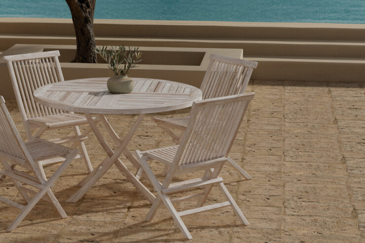 Kenya, Kenya – Ensemble repas – Blanchi – Table : ⌀120cm, Chaise : 62 x 89 x 50 cm