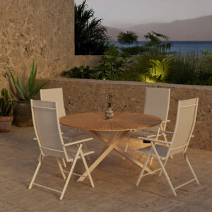 Mexico, Levanzo – Ensemble repas – Naturel – Table : ⌀140cm, Chaise : 59 x 108 x 56 cm