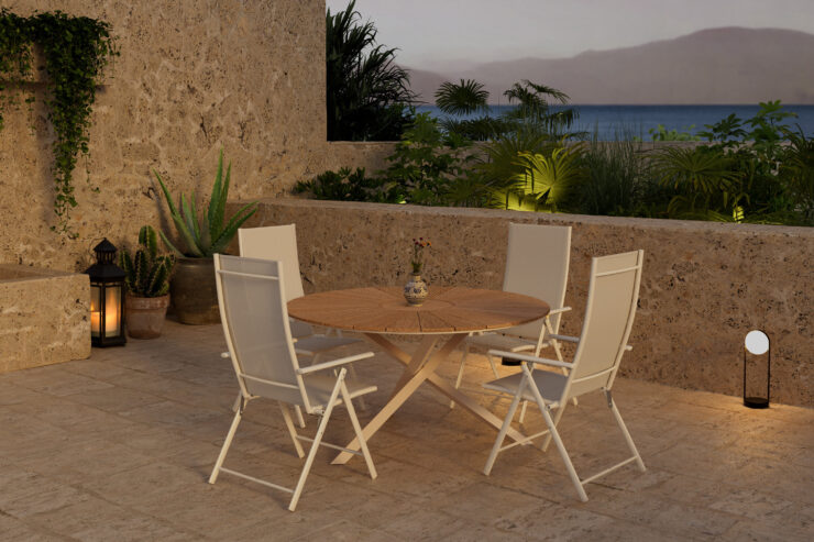 Mexico, Levanzo – Ensemble repas – Naturel – Table : ⌀140cm, Chaise : 59 x 108 x 56 cm