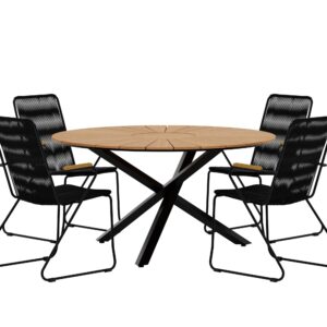 Mexico, Bois – Ensemble repas – Naturel – Table : ⌀140cm, Chaise : 63 x 93 x 60 cm