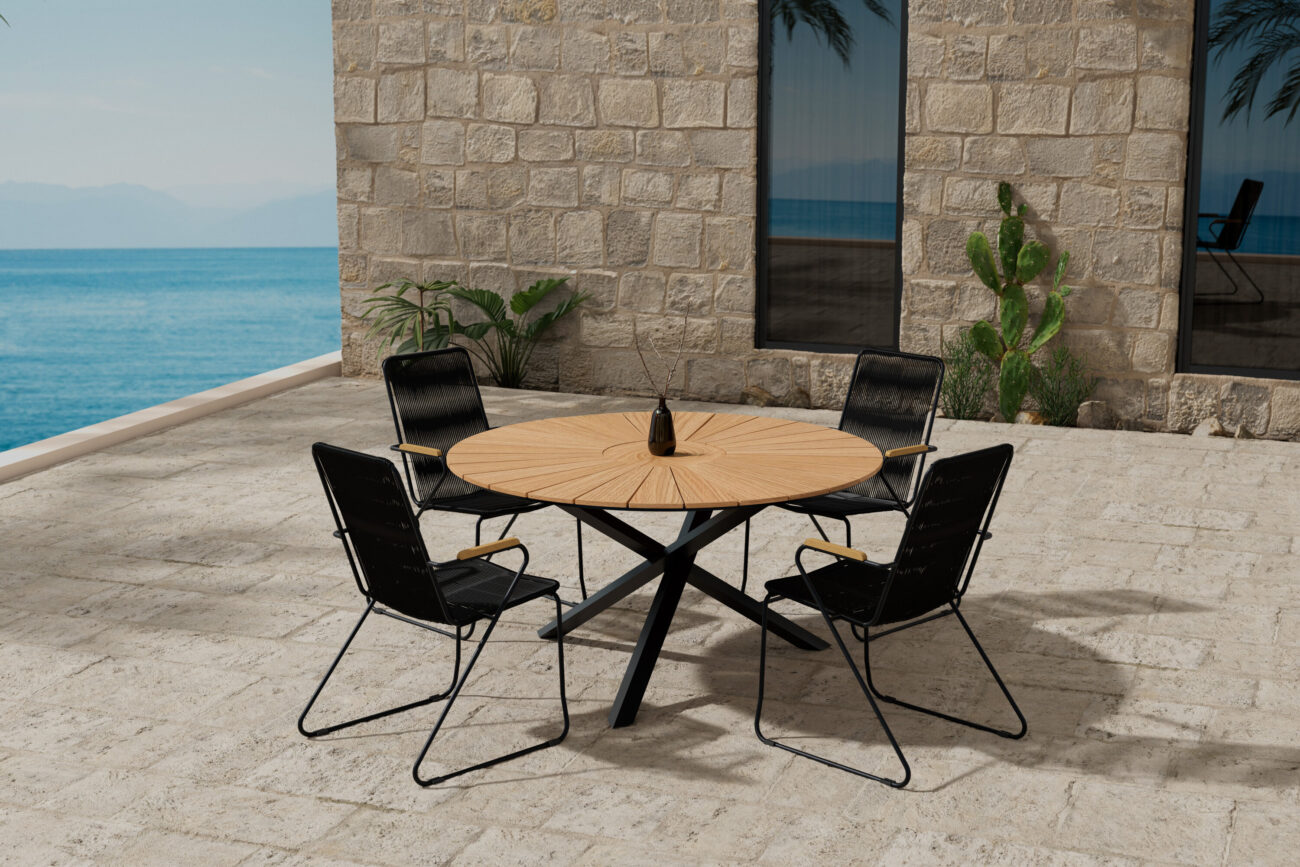 Mexico, Bois – Ensemble repas – Naturel – Table : ⌀140cm, Chaise : 63 x 93 x 60 cm
