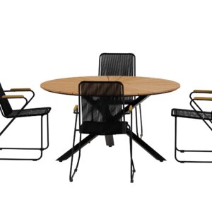 Mexico, Bois – Ensemble repas – Naturel – Table : ⌀140cm, Chaise : 63 x 93 x 60 cm