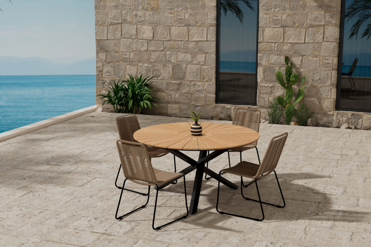 Mexico, Lindos – Ensemble repas – Naturel – Table : ⌀140cm, Chaise : 59 x 86 x 57 cm