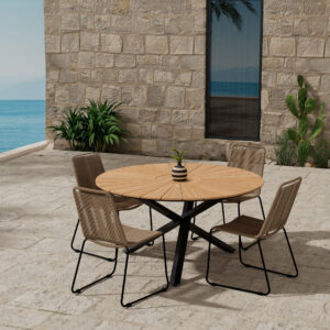 Mexico, Lindos – Ensemble repas – Naturel – Table : ⌀140cm, Chaise : 59 x 86 x 57 cm