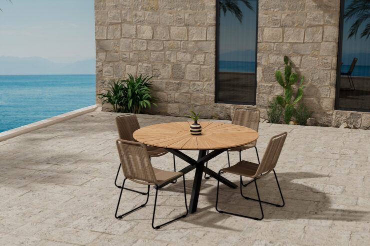 Mexico, Lindos – Ensemble repas – Naturel – Table : ⌀140cm, Chaise : 59 x 86 x 57 cm