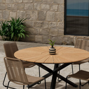Mexico, Lindos – Ensemble repas – Naturel – Table : ⌀140cm, Chaise : 59 x 86 x 57 cm