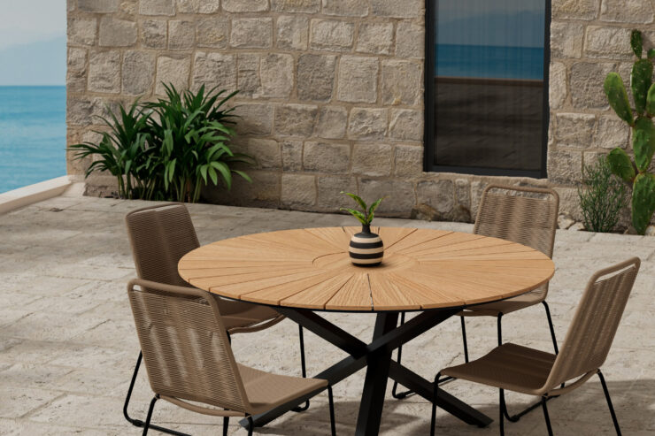 Mexico, Lindos – Ensemble repas – Naturel – Table : ⌀140cm, Chaise : 59 x 86 x 57 cm