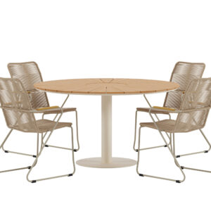 Croft, Bois – Ensemble repas – Naturel – Table : ⌀120cm, Chaise : 65 x 93 x 63 cm