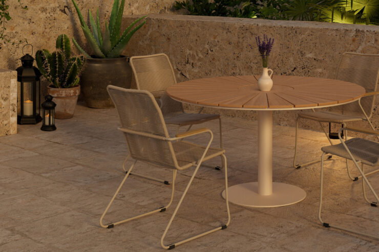 Croft, Bois – Ensemble repas – Naturel – Table : ⌀120cm, Chaise : 65 x 93 x 63 cm