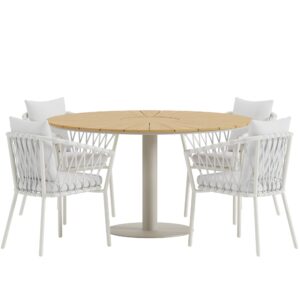 Croft, Linos – Ensemble repas – Naturel – Table : ⌀120cm, Chaise : 60 x 75 x 58 cm