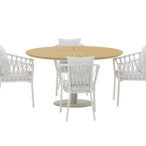 Croft, Linos – Ensemble repas – Naturel – Table : ⌀120cm, Chaise : 60 x 75 x 58 cm